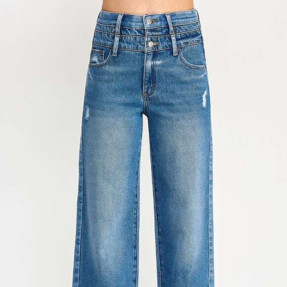 Ladies High End Boutique Double Waisted Denim Jeans New Size 11 Wide Leg